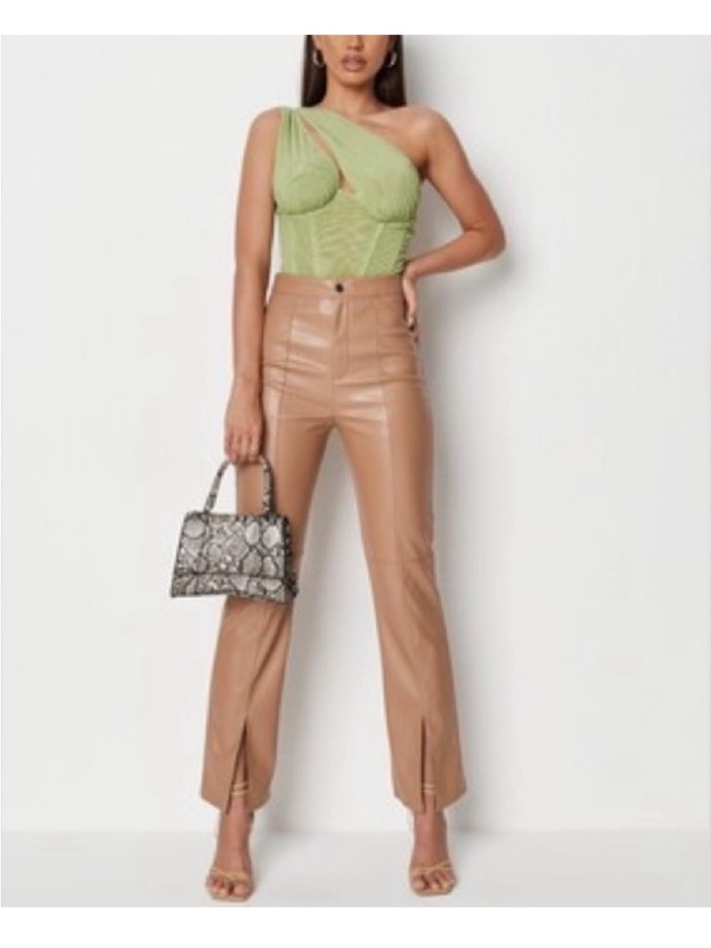 Missguided Mocha Faux Leather Split-Hem Pants in Tan